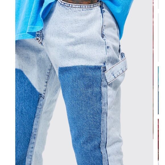 BOOHOO MAN SLIM RIGID FLARE PANEL DISTRESSED JEANS LIGHT BLUE 28L NWT - Picture 3 of 7